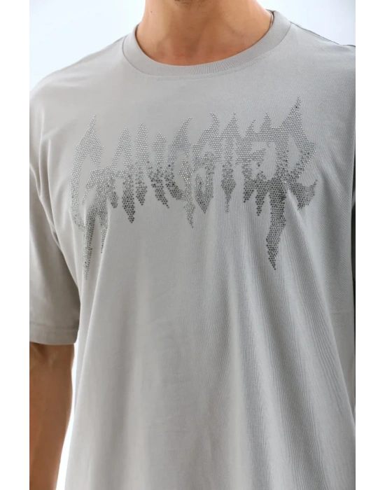 Unisex Oversize Taşlı Bisiklet Yaka Thirt  Gri