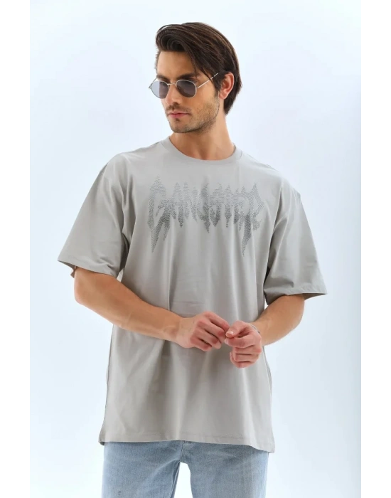 Unisex Oversize Taşlı Bisiklet Yaka Thirt  Gri