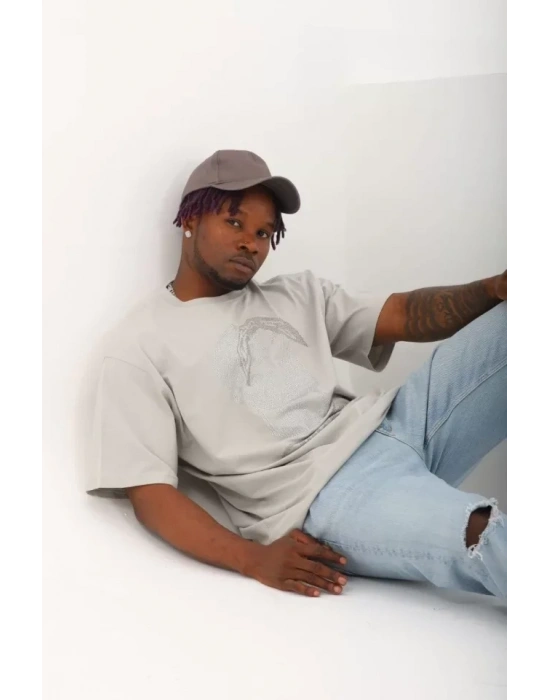 Unisex Oversize Taşlı Bisiklet Yaka Thirt  Gri