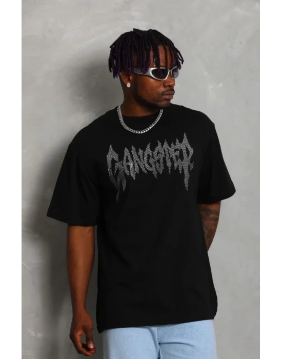 Unisex Oversize Taşlı Bisiklet Yaka Thirt  iyah