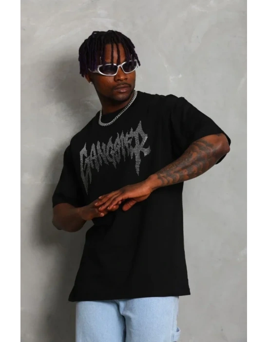 Unisex Oversize Taşlı Bisiklet Yaka Thirt  iyah