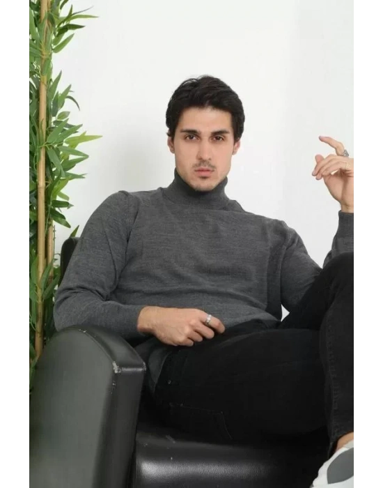 Unisex Tam Boğazlı Balıkçı Yaka Dokuma Triko  Füme