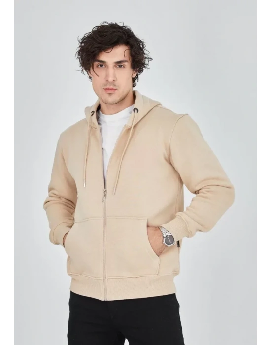 Unisex Tam Fermuarlı Kapşonlu  weathirt  Bej