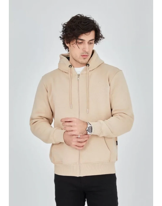 Unisex Tam Fermuarlı Kapşonlu  weathirt  Bej