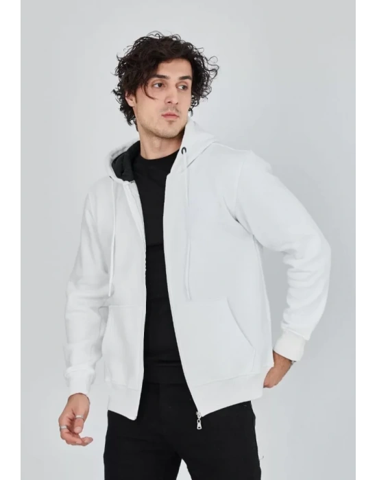 Unisex Tam Fermuarlı Kapşonlu  weathirt  Beyaz