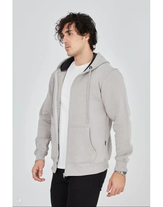 Unisex Tam Fermuarlı Kapşonlu  weathirt  Boyalı Gri