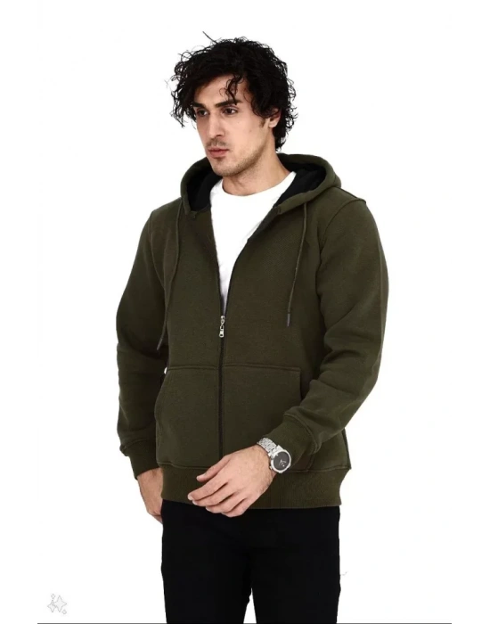 Unisex Tam Fermuarlı Kapşonlu  weathirt  Haki