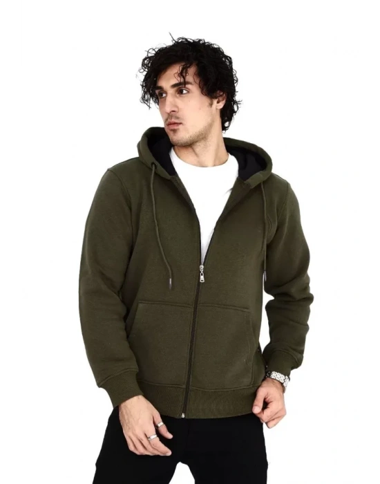 Unisex Tam Fermuarlı Kapşonlu  weathirt  Haki