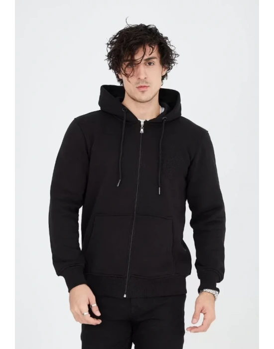 Unisex Tam Fermuarlı Kapşonlu  weathirt  iyah