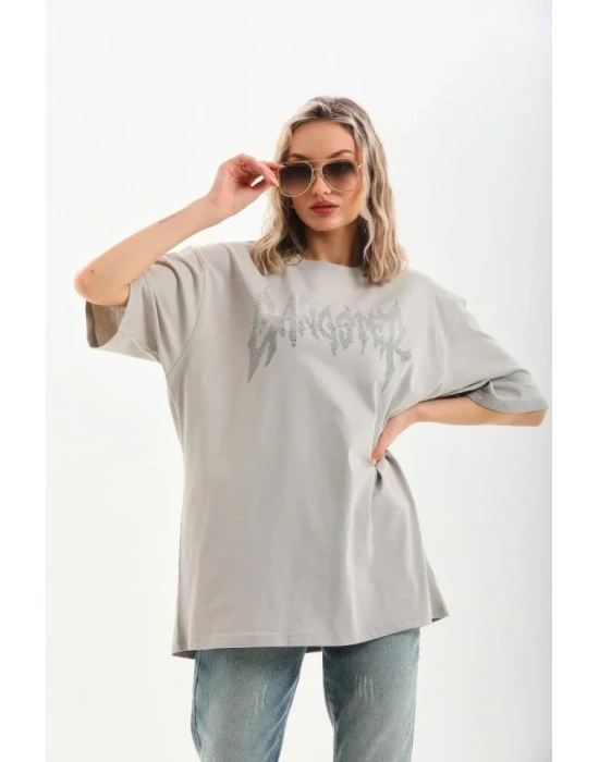 Unisex Taş Desenli Oversize Thirt  Gri