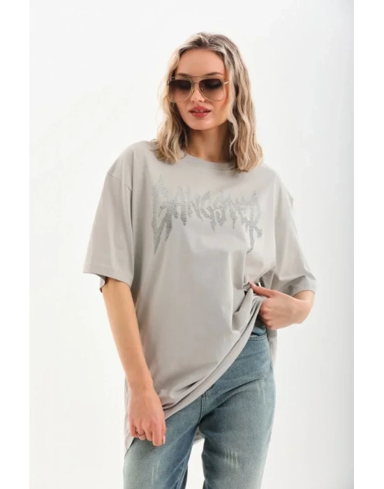 Unisex Taş Desenli Oversize Thirt  Gri
