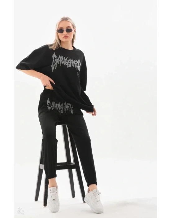 Unisex Taşlı Thirt Ve Eşofman Takımı  iyah