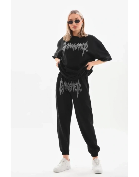 Unisex Taşlı Thirt Ve Eşofman Takımı  iyah