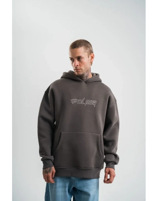 Unisex Üç İplik Kapşonlu Nakışlı weathirt  Füme