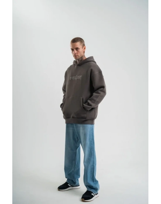 Unisex Üç İplik Kapşonlu Nakışlı weathirt  Füme