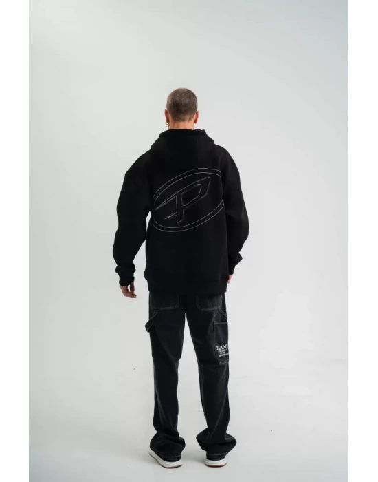 Unisex Üç İplik Kapşonlu Nakışlı weathirt  iyah