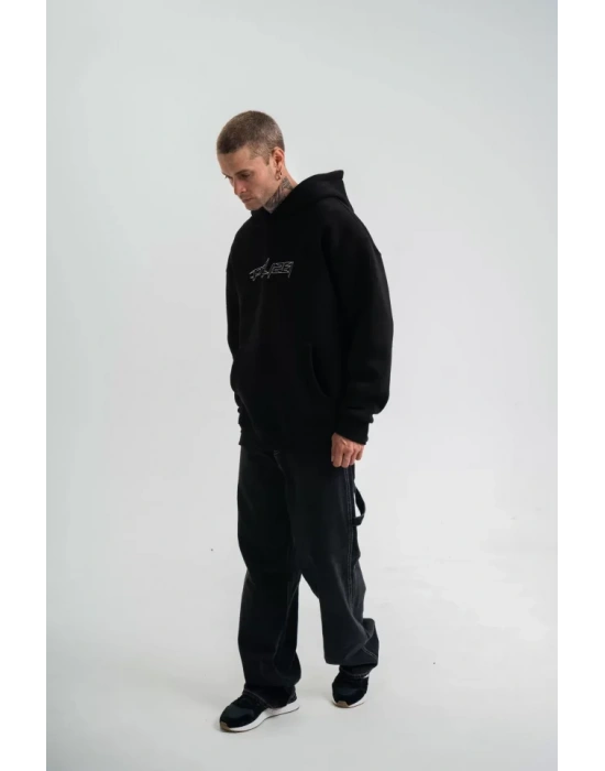 Unisex Üç İplik Kapşonlu Nakışlı weathirt  iyah