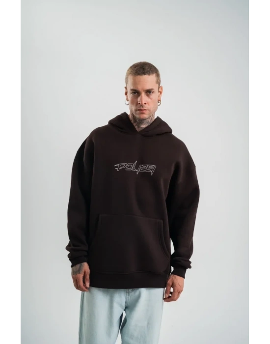 Unisex Üç İplik Kapşonlu Nakışlı weathirt  Kahve