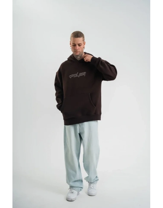 Unisex Üç İplik Kapşonlu Nakışlı weathirt  Kahve