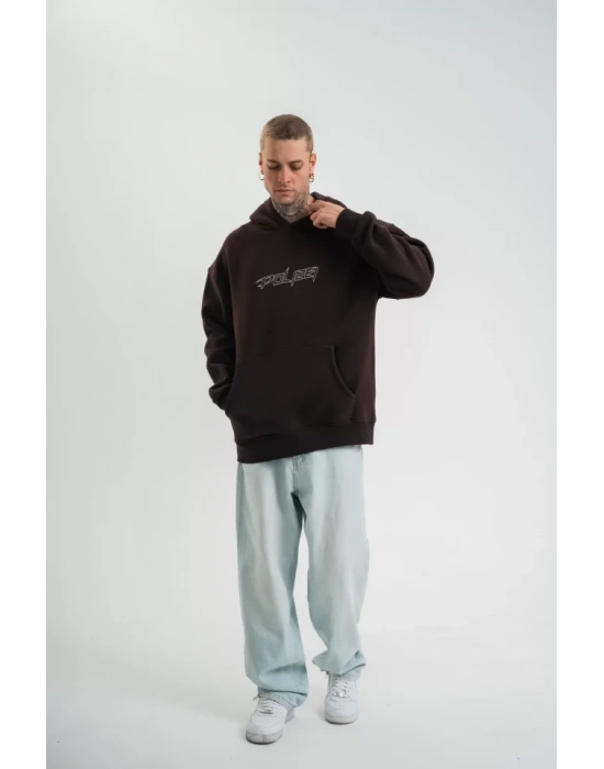 Unisex Üç İplik Kapşonlu Nakışlı weathirt  Kahve