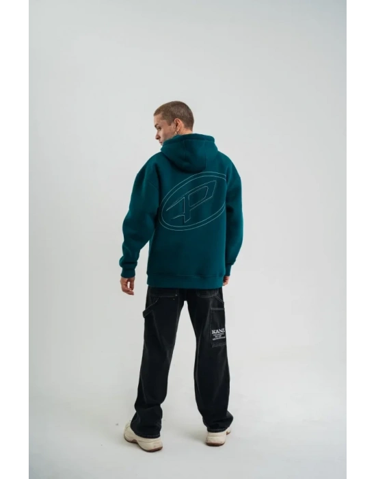 Unisex Üç İplik Kapşonlu Nakışlı weathirt  Koyu Deniz Yeşili