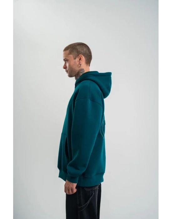 Unisex Üç İplik Kapşonlu Nakışlı weathirt  Koyu Deniz Yeşili