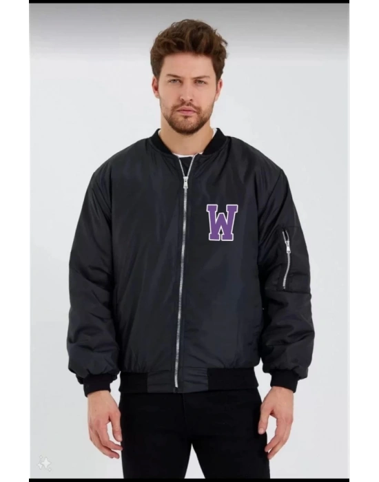 Unisex Uzun Kol Baskılı Bomber Ceket  iyah