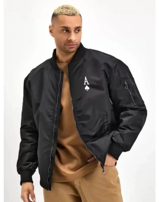 Unisex Uzun Kol Baskılı Bomber Ceket  iyah
