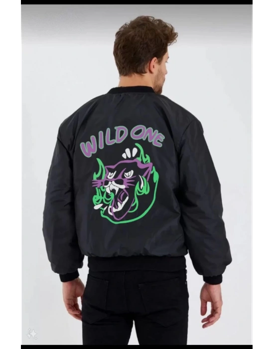 Unisex Uzun Kol Baskılı Bomber Ceket  iyah