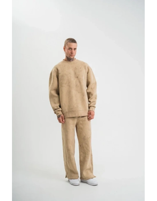 Unisex Uzun Kol Bisiklet Yaka Yıkamalı Eşofman Takım  Bej