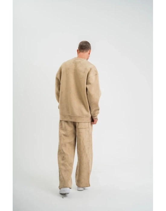 Unisex Uzun Kol Bisiklet Yaka Yıkamalı Eşofman Takım  Bej