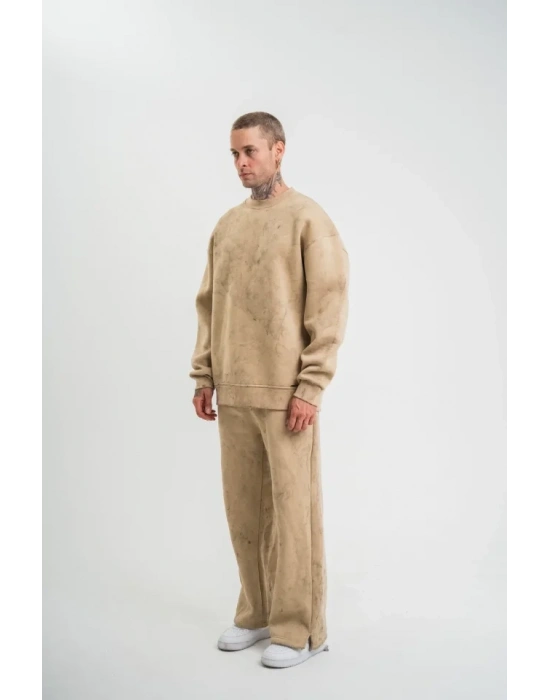 Unisex Uzun Kol Bisiklet Yaka Yıkamalı Eşofman Takım  Bej