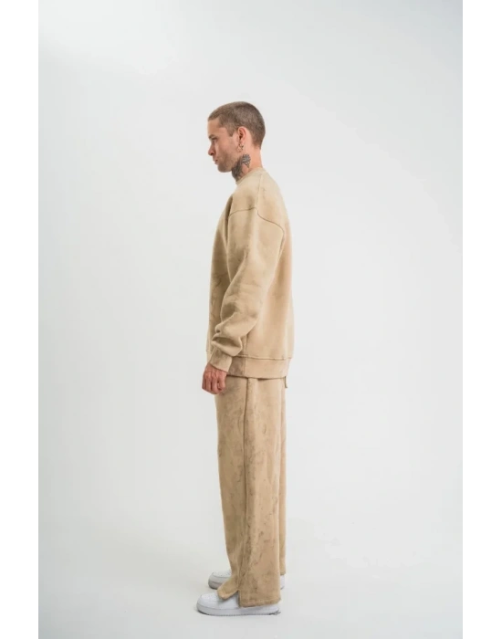 Unisex Uzun Kol Bisiklet Yaka Yıkamalı Eşofman Takım  Bej