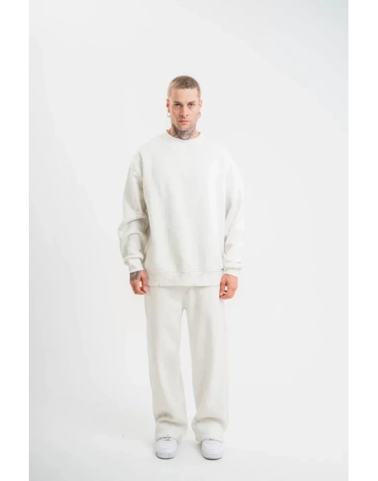 Unisex Uzun Kol Bisiklet Yaka Yıkamalı Eşofman Takım  Beyaz