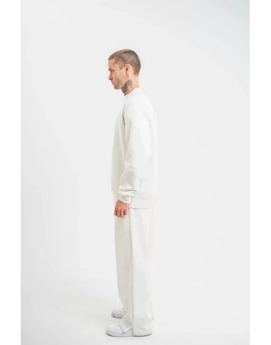 Unisex Uzun Kol Bisiklet Yaka Yıkamalı Eşofman Takım  Beyaz