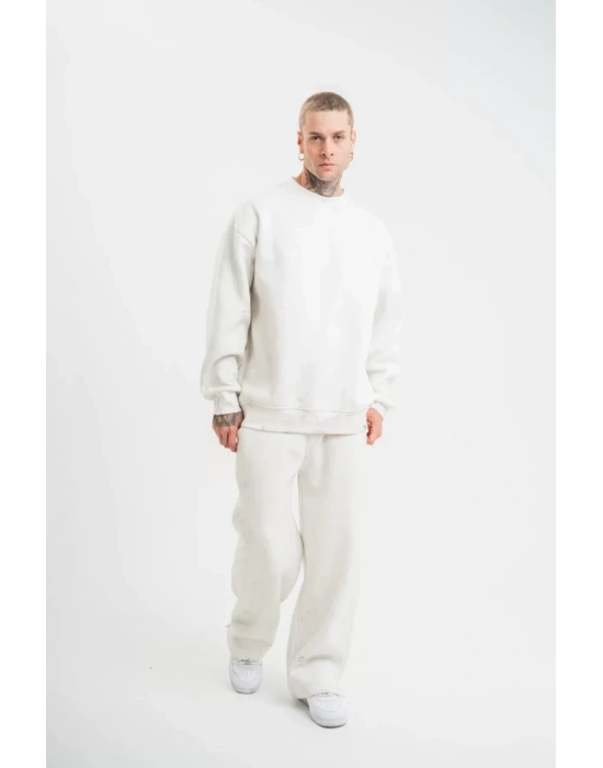 Unisex Uzun Kol Bisiklet Yaka Yıkamalı Eşofman Takım  Beyaz