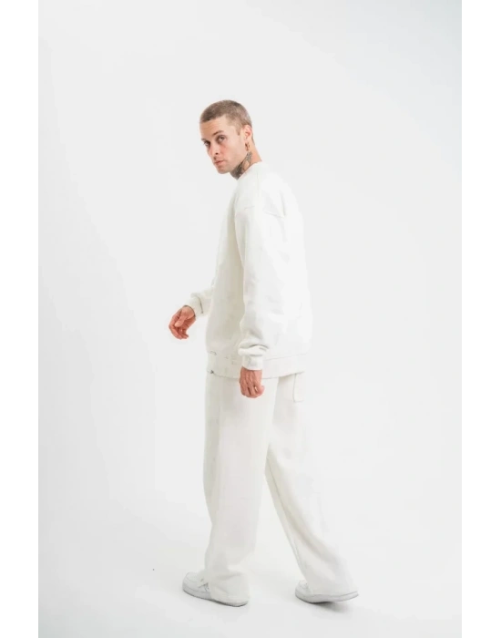 Unisex Uzun Kol Bisiklet Yaka Yıkamalı Eşofman Takım  Beyaz