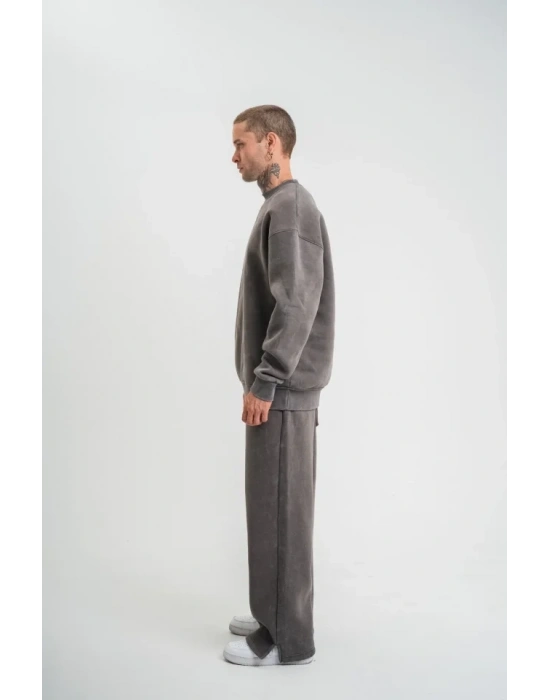 Unisex Uzun Kol Bisiklet Yaka Yıkamalı Eşofman Takım  Füme