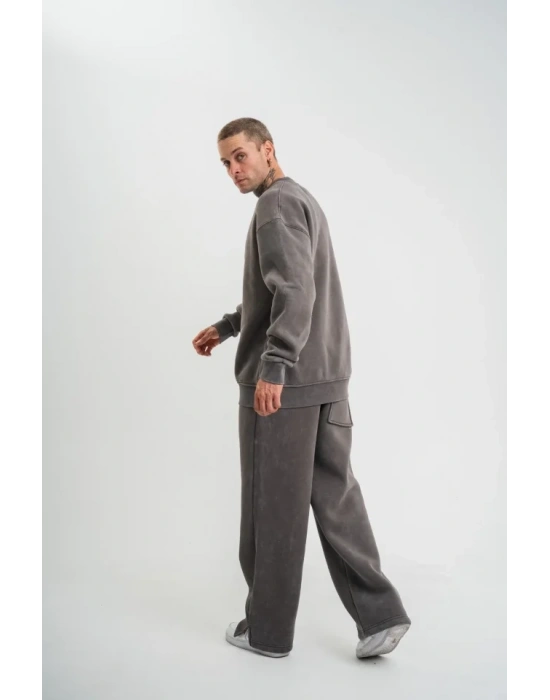 Unisex Uzun Kol Bisiklet Yaka Yıkamalı Eşofman Takım  Füme