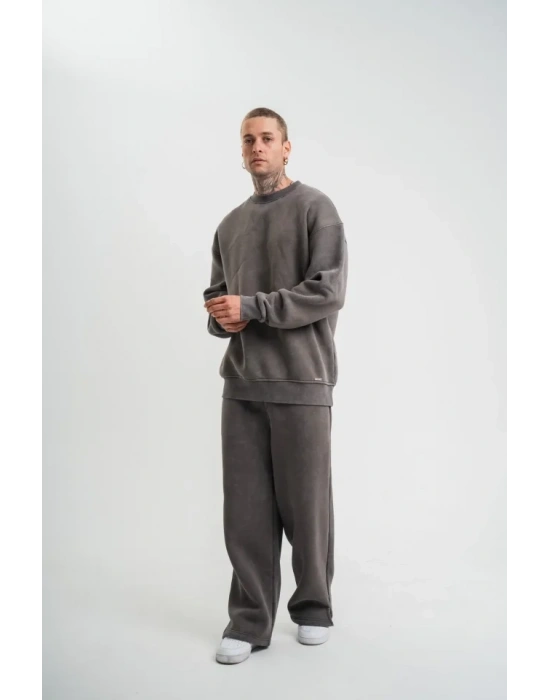 Unisex Uzun Kol Bisiklet Yaka Yıkamalı Eşofman Takım  Füme