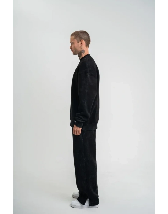 Unisex Uzun Kol Bisiklet Yaka Yıkamalı Eşofman Takım  iyah