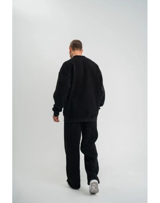 Unisex Uzun Kol Bisiklet Yaka Yıkamalı Eşofman Takım  iyah