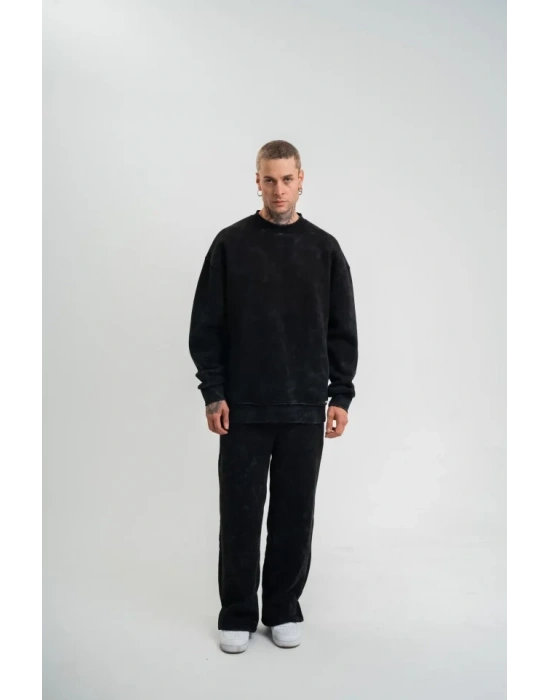 Unisex Uzun Kol Bisiklet Yaka Yıkamalı Eşofman Takım  iyah