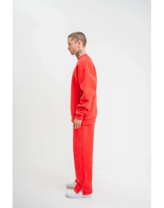 Unisex Uzun Kol Bisiklet Yaka Yıkamalı Eşofman Takım  Kırmızı