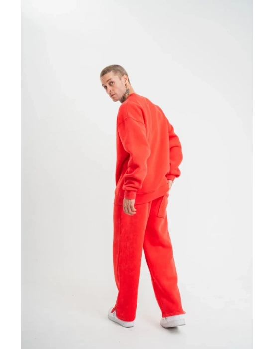 Unisex Uzun Kol Bisiklet Yaka Yıkamalı Eşofman Takım  Kırmızı
