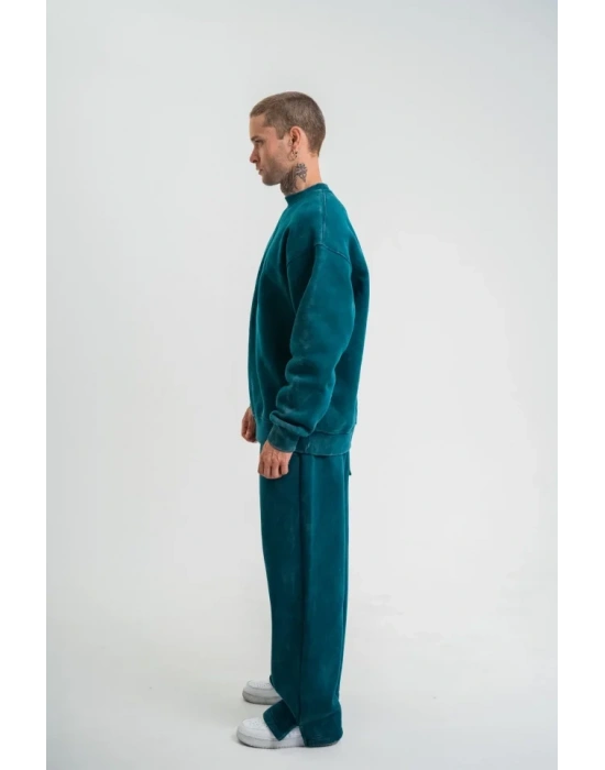 Unisex Uzun Kol Bisiklet Yaka Yıkamalı Eşofman Takım  Koyu Deniz Yeşili