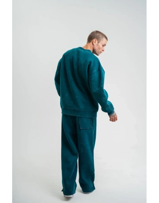 Unisex Uzun Kol Bisiklet Yaka Yıkamalı Eşofman Takım  Koyu Deniz Yeşili