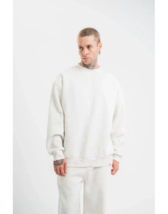 Unisex Uzun Kol Bisiklet Yaka Yıkamalı weathirt  Beyaz