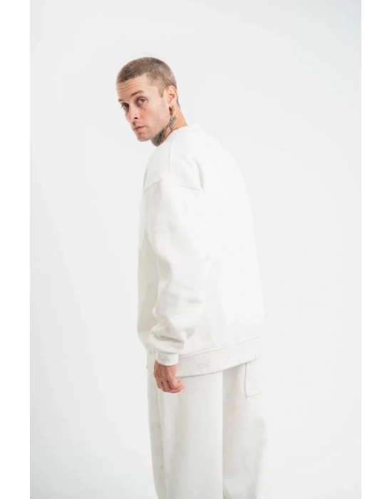 Unisex Uzun Kol Bisiklet Yaka Yıkamalı weathirt  Beyaz