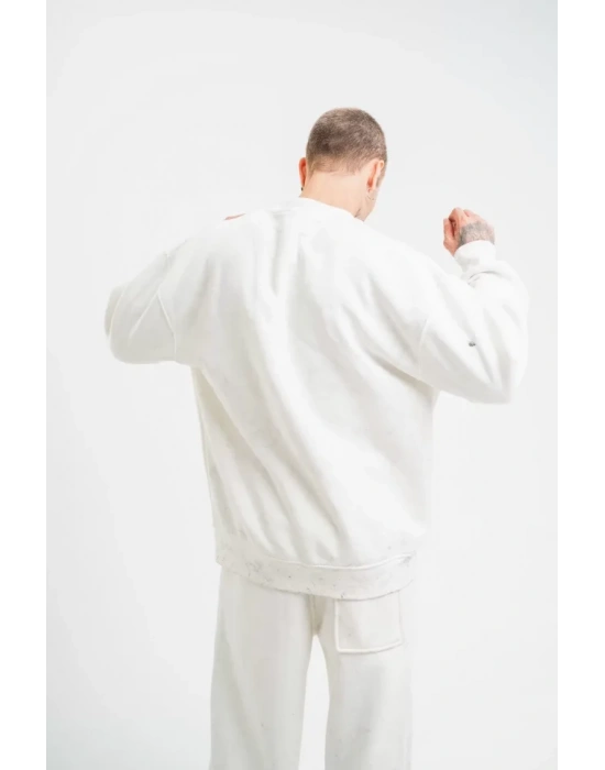 Unisex Uzun Kol Bisiklet Yaka Yıkamalı weathirt  Beyaz